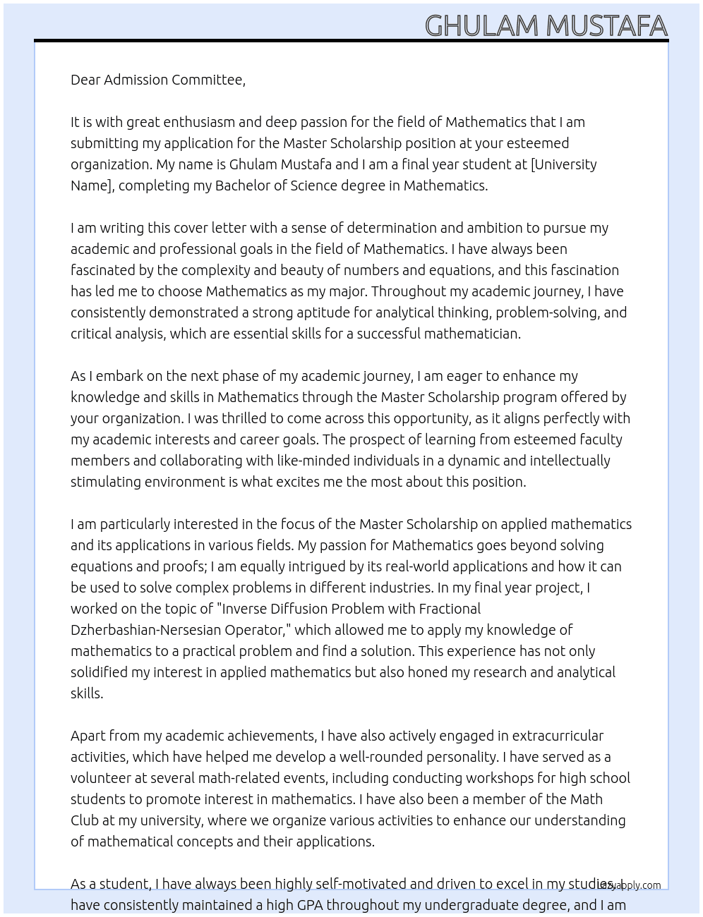 Cover letter for master scholarship - LazyApply