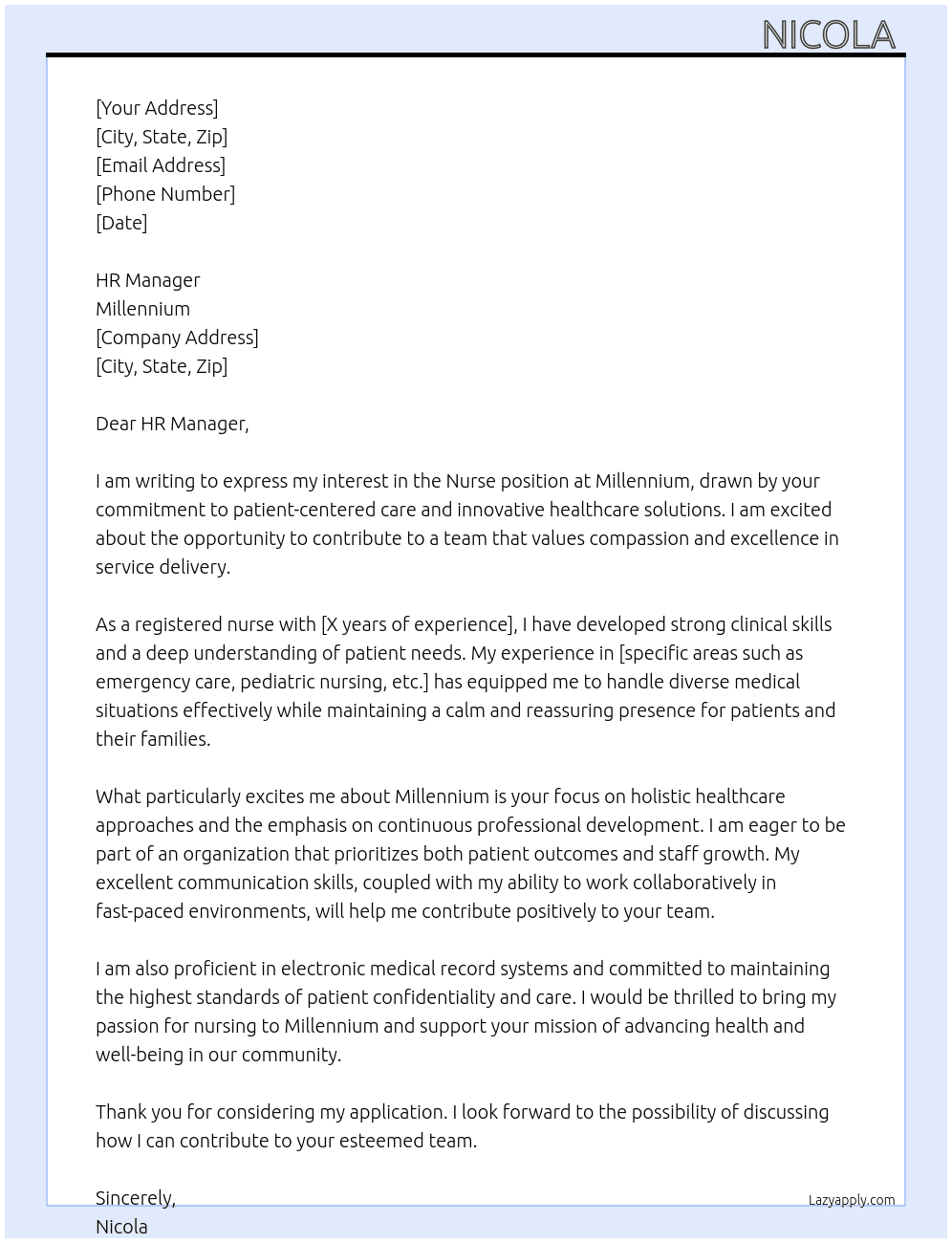 nurse At millenium Cover Letter