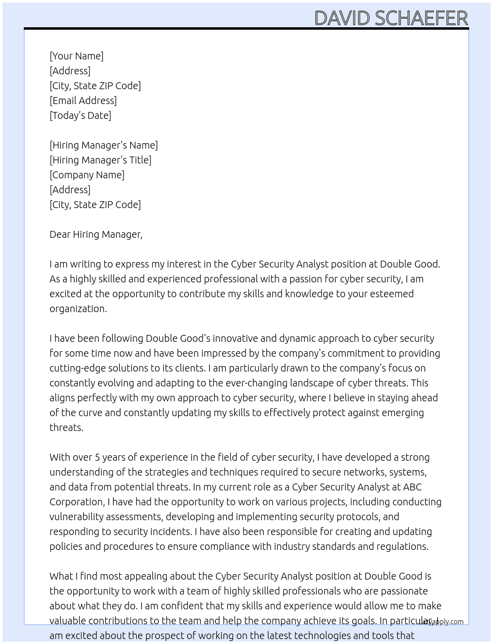 Cyber Security Analyst At Double Good Cover Letter