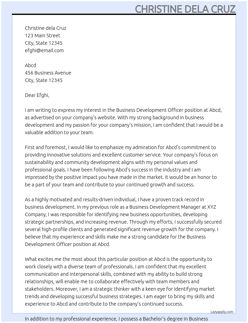 Business Development Officer  At Abcd Cover Letter