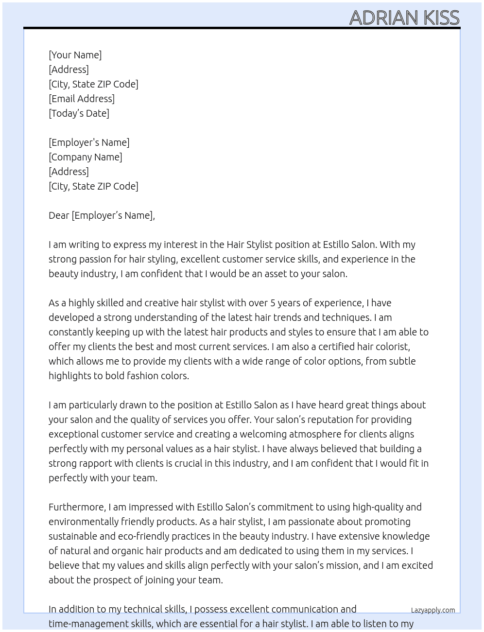 hair stylist At Estillo Salon  Cover Letter