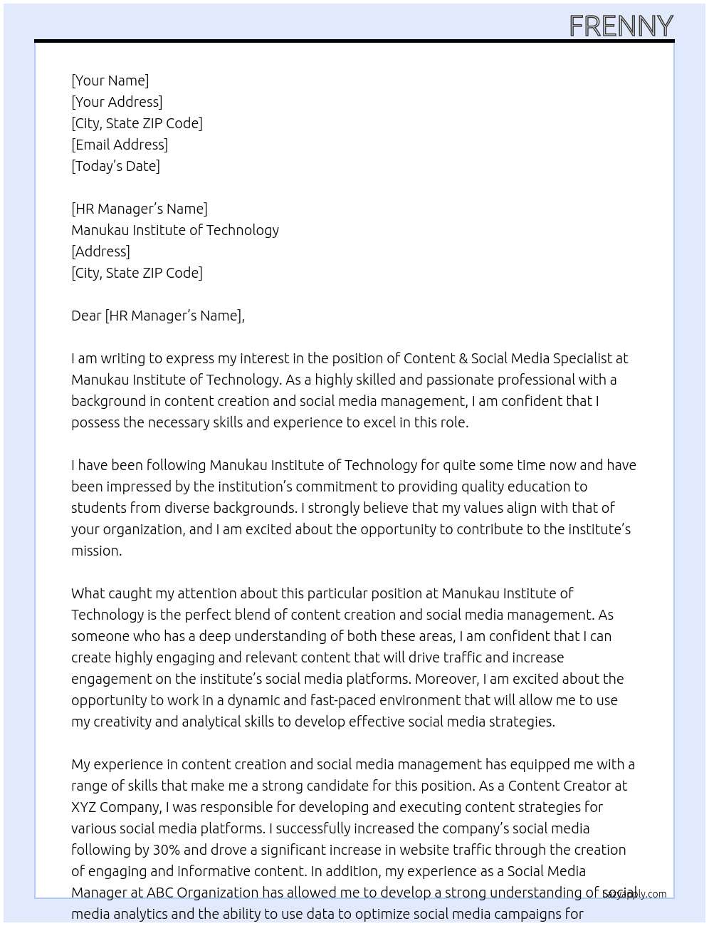 Content & Social Media Specialist At Manukau Institute of Technology Cover Letter