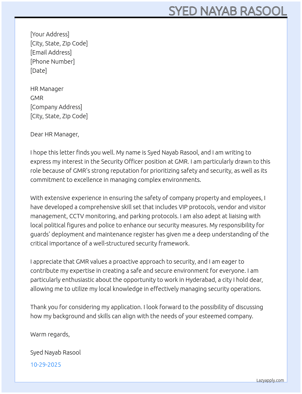 Security officer  At GMR Cover Letter