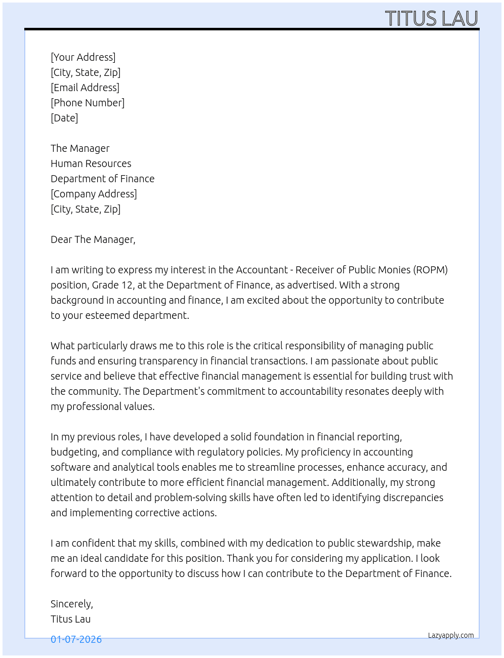 Accountant - Reciever of Publice Monies (ROPM) - Grade 12 At Department of Finance Cover Letter