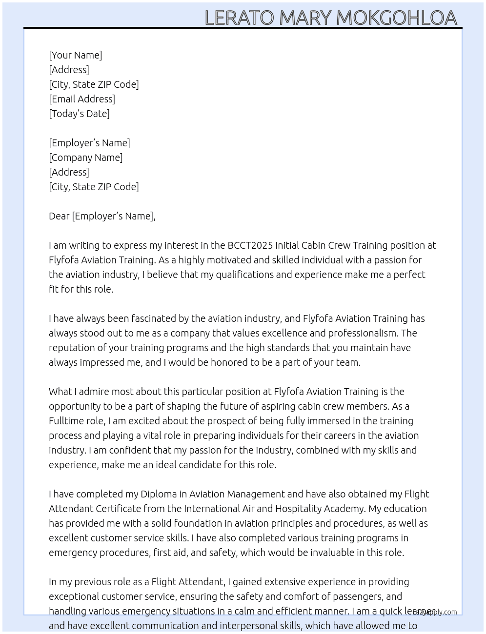BCCT2025 Initial cabin crew training  At Flyfofa aviation training  Cover Letter