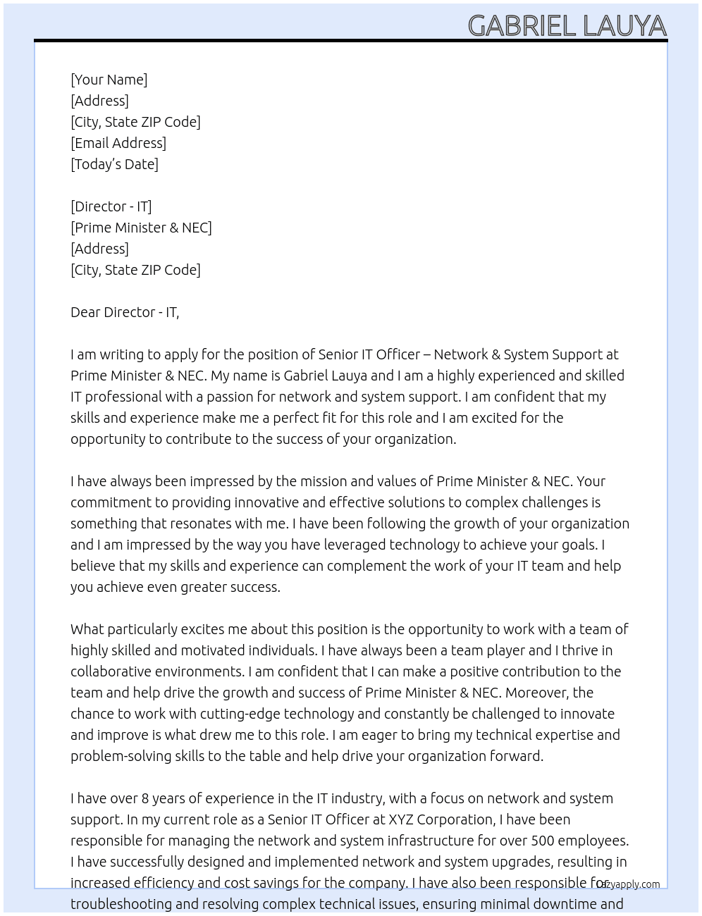 Senior IT Officer – Network & System Support At Prime Minister & NEC Cover Letter