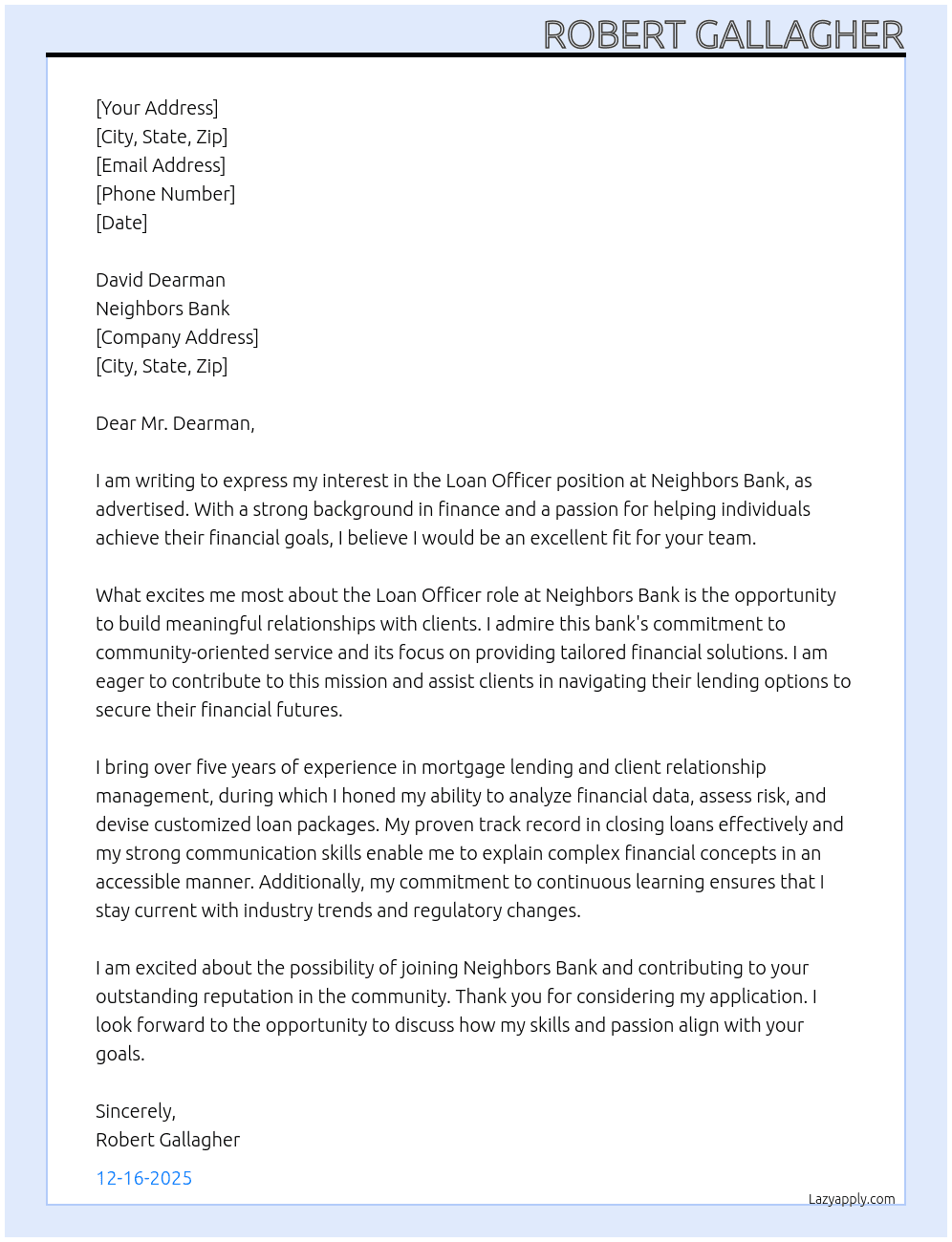 Loan Officer At Neighbors Bank Cover Letter