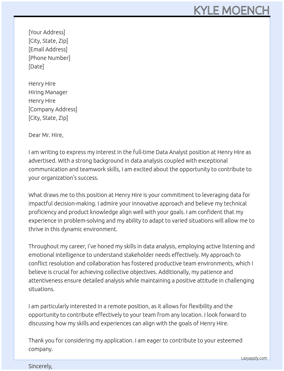 Data Analysts At Henry Hire Cover Letter