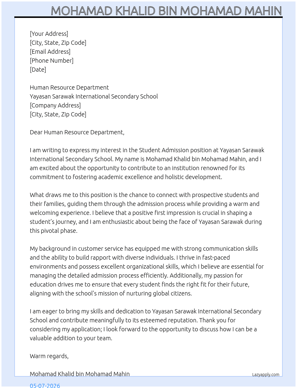 Cover letter for student admission - LazyApply