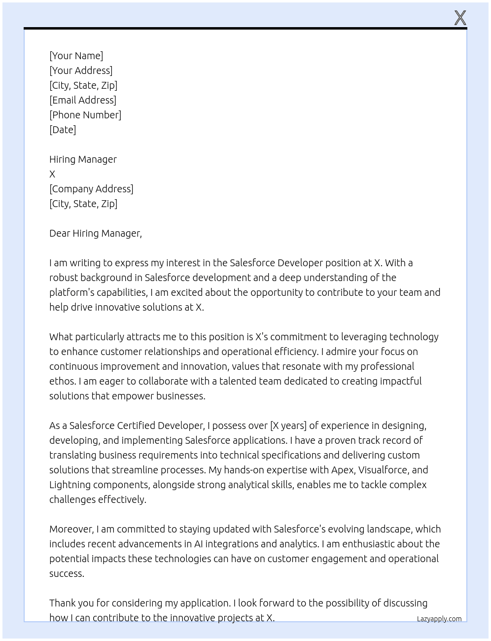 Cover letter for salesforce developer - LazyApply