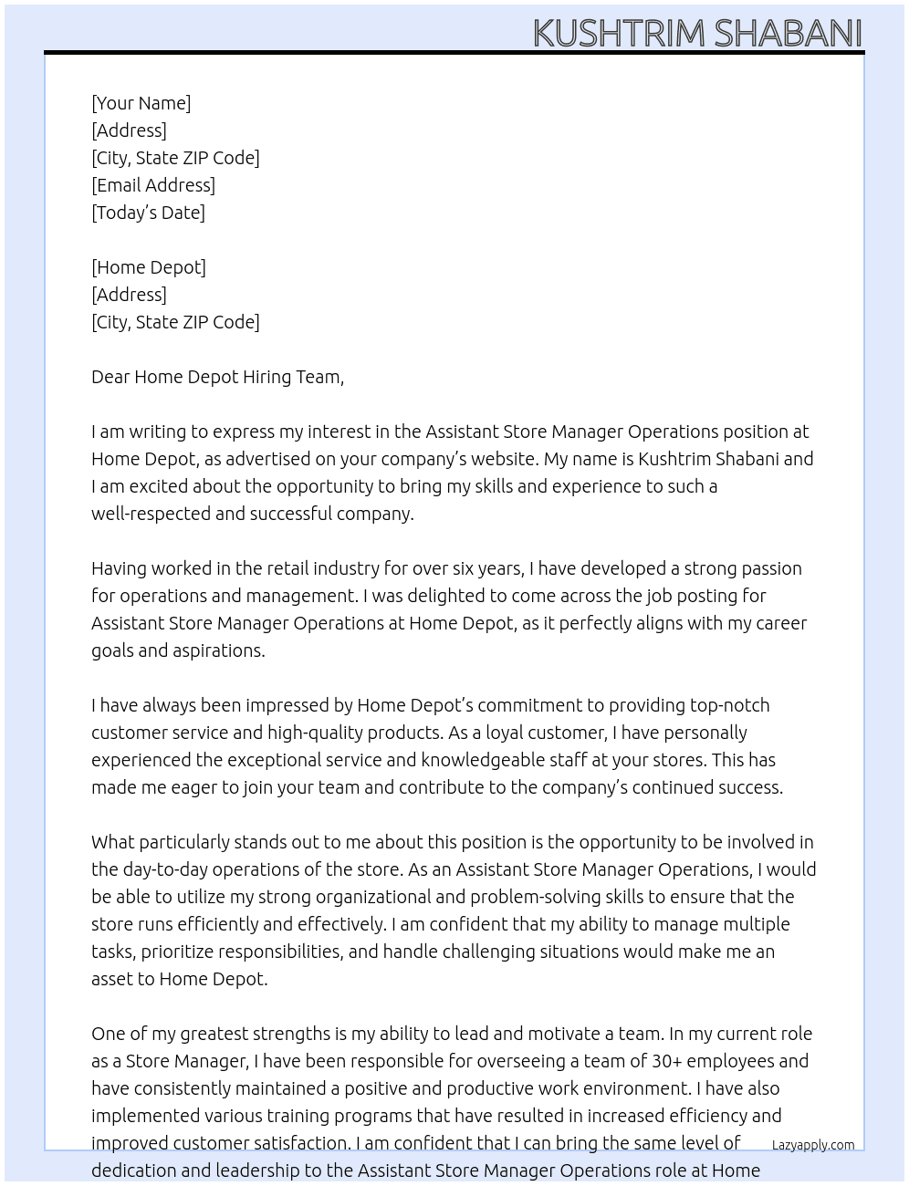 Cover letter for assistant store manager operations - LazyApply