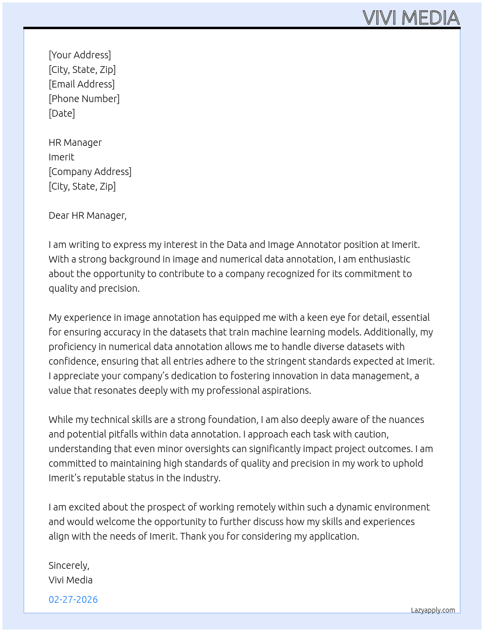 Data and Image annotator At Imerit Cover Letter