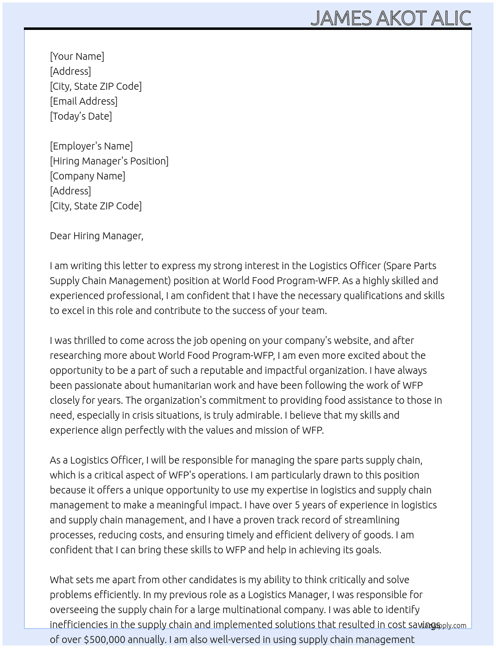 Logistics Officer (Spare Parts Supply Chain Management) At World Food Program-WFP Cover Letter