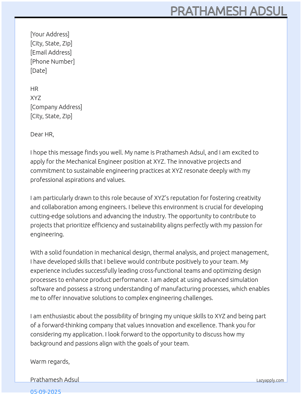 Mechanical Engineer At XYZ Cover Letter