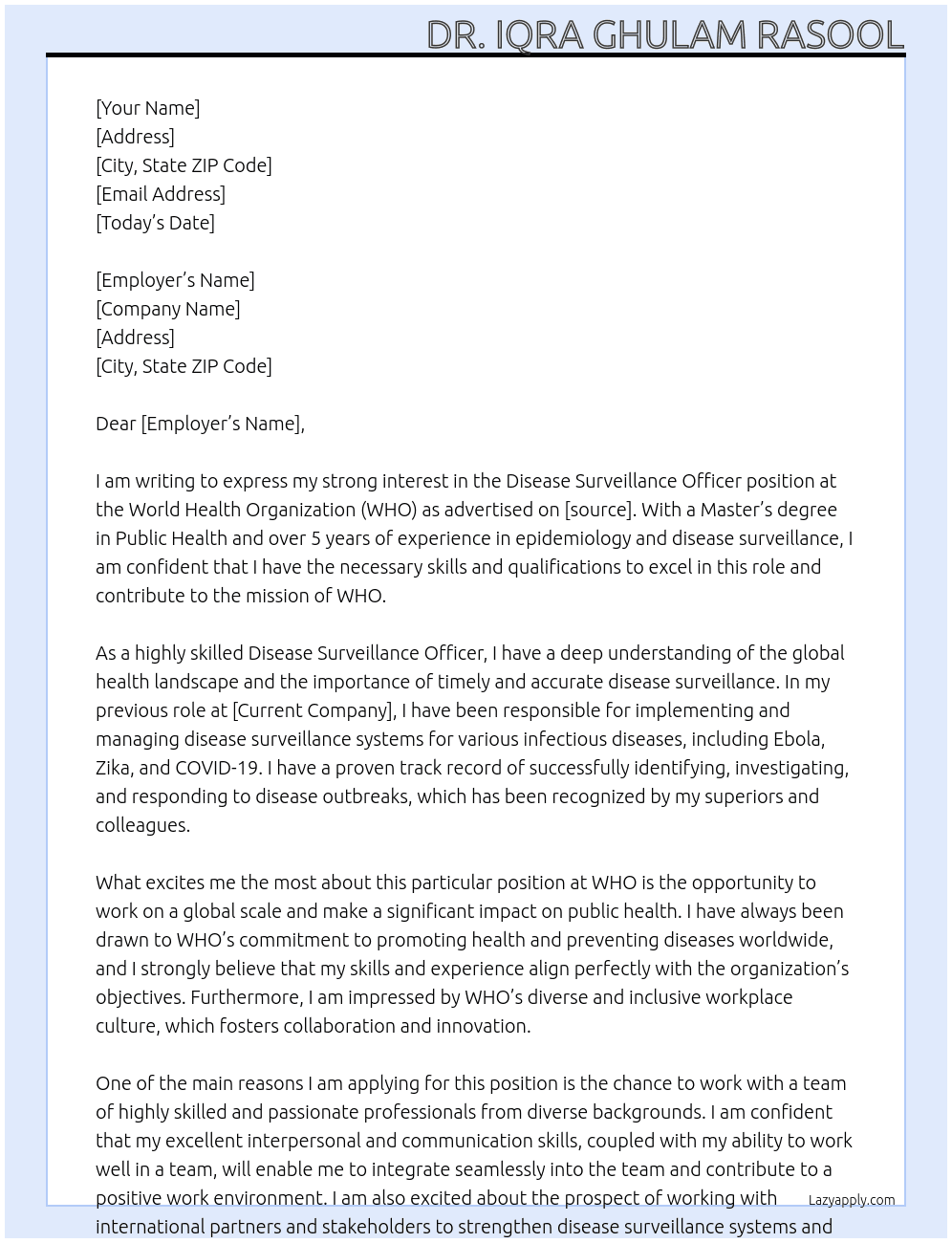 Disease Surveillance Officer At WHO Cover Letter