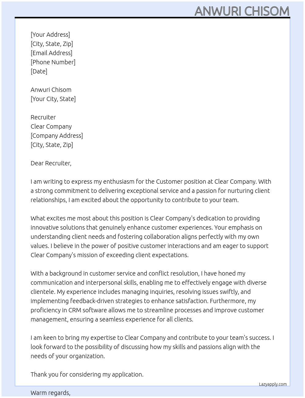 Cover letter for customer - LazyApply