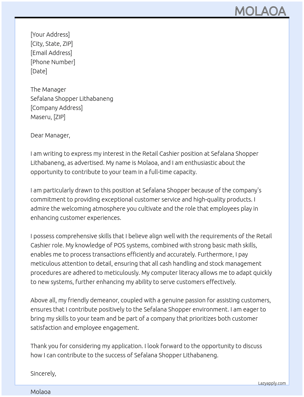 Retail cashier  At Sefalana Shopper Lithabaneng  Cover Letter