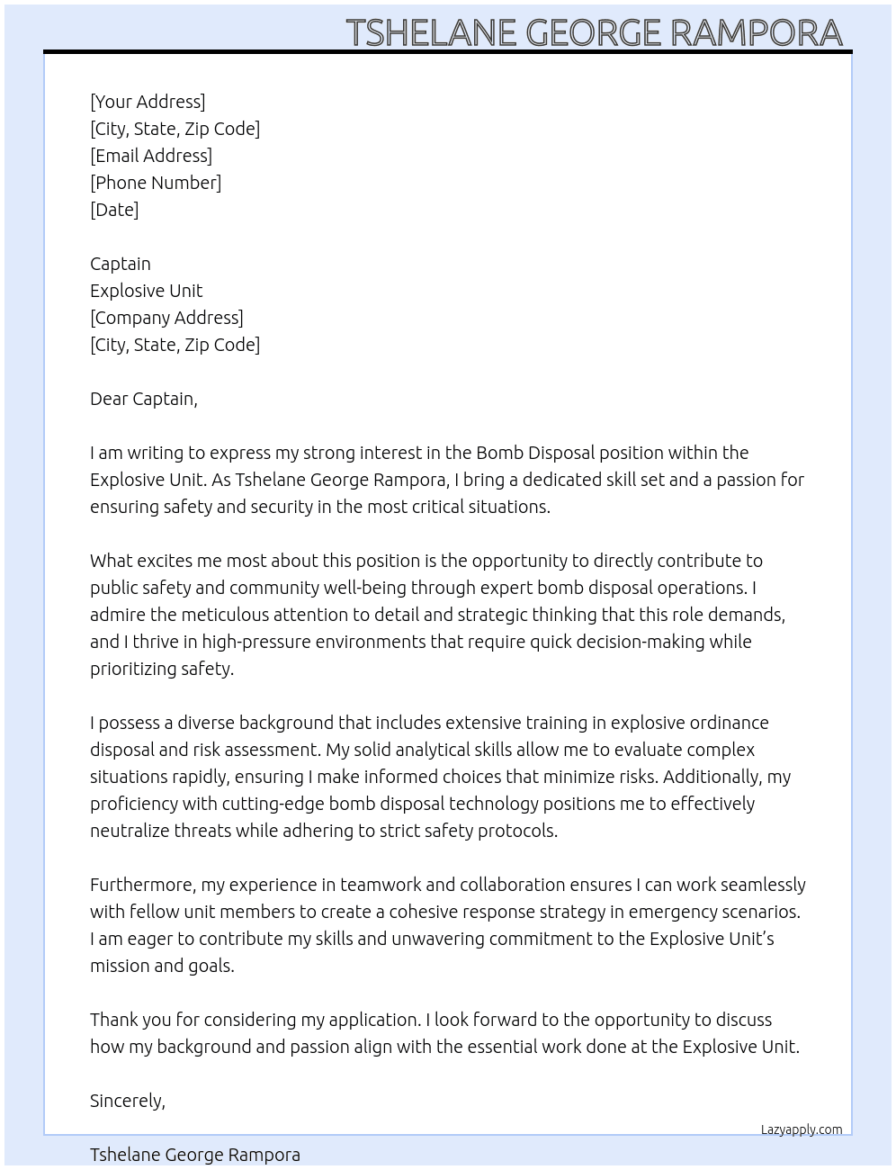 Cover letter for bomb disposal - LazyApply