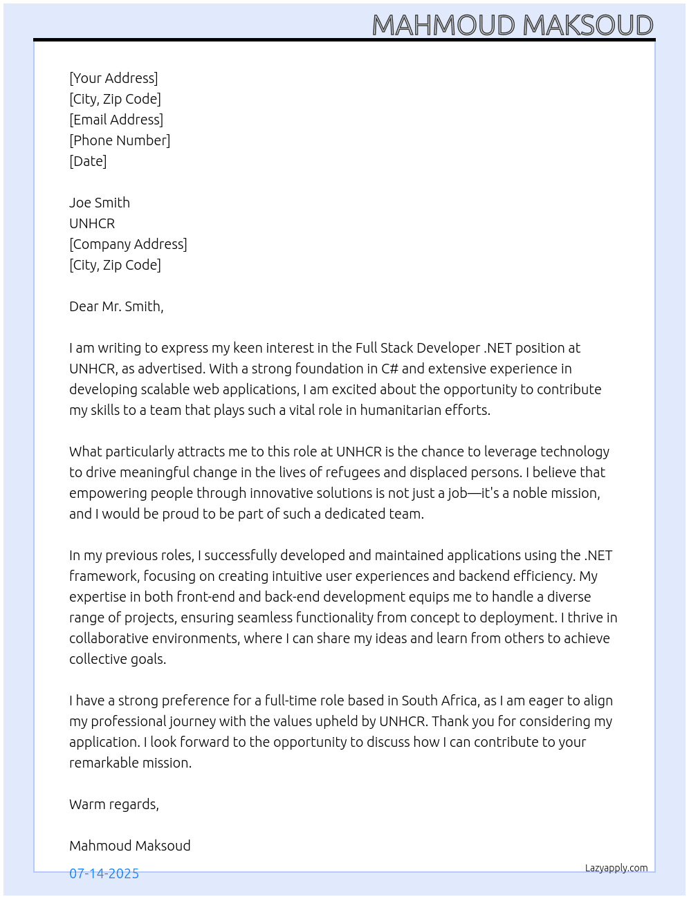 Cover letter for full stack developer .net - LazyApply