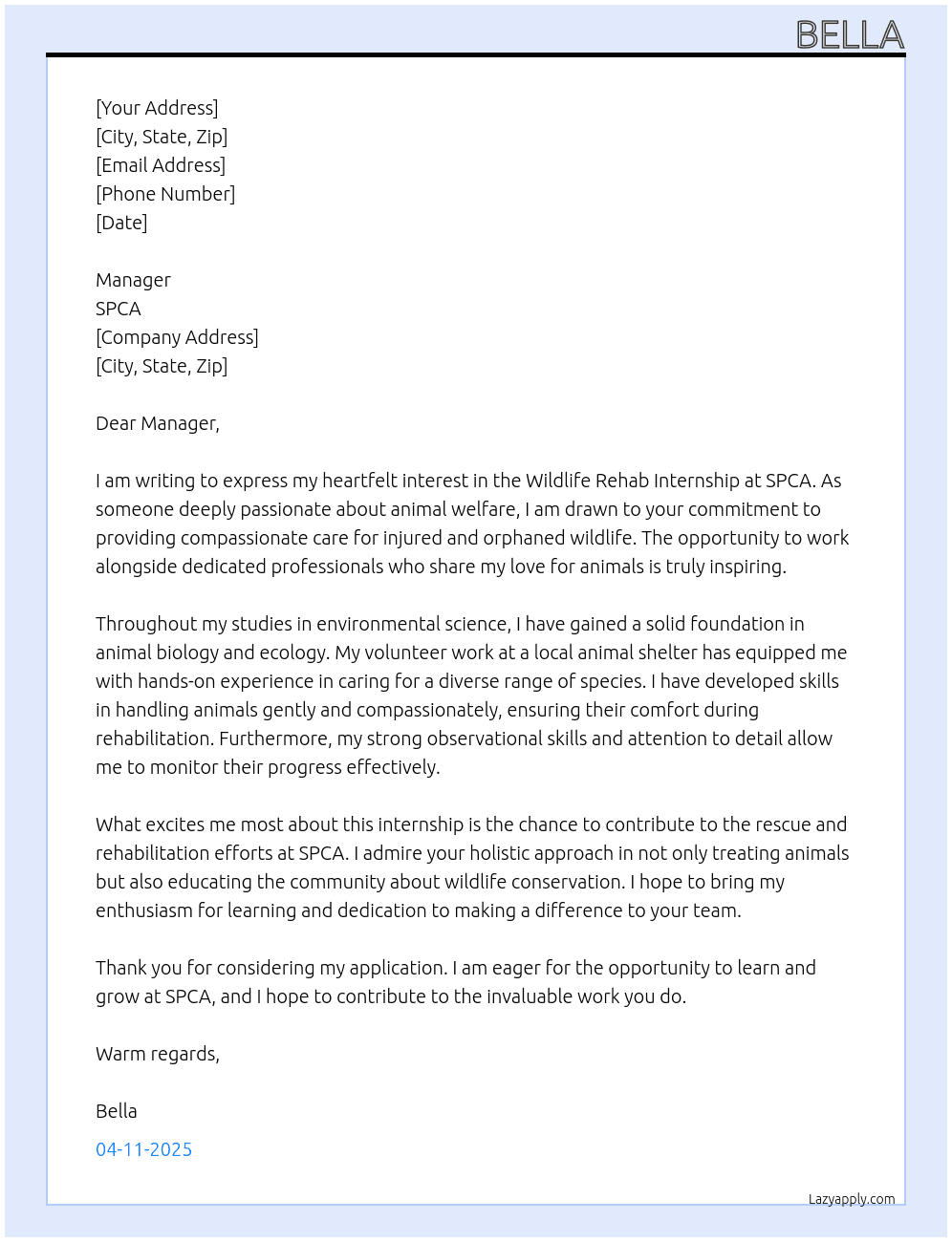 Wildlife rehab internship At SPCA Cover Letter