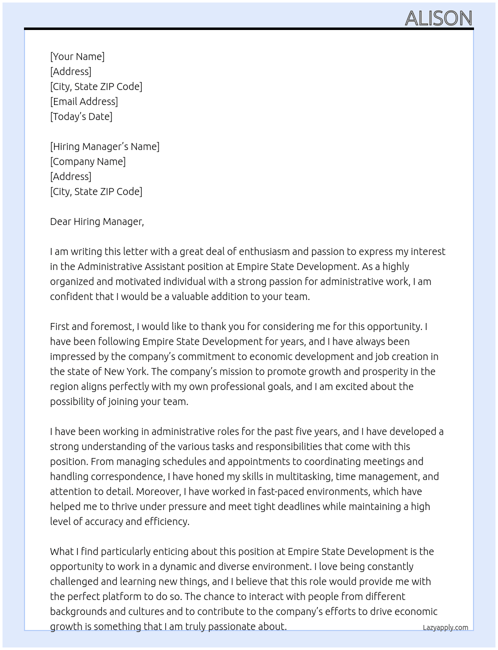 Administrative Assistant At Empire State Development  Cover Letter