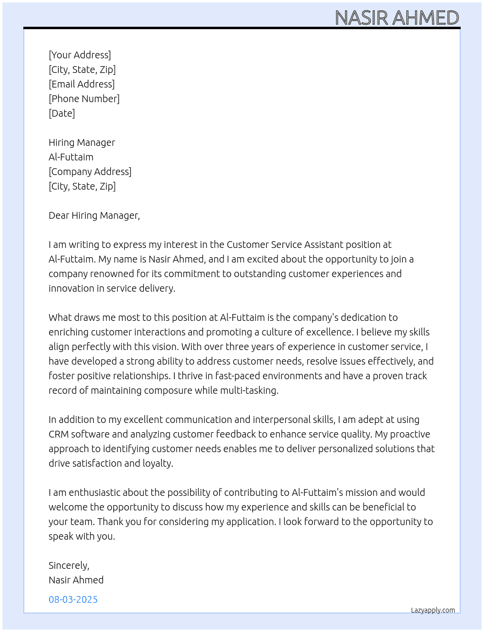 Customer service assistant At Al-Futtaim Cover Letter
