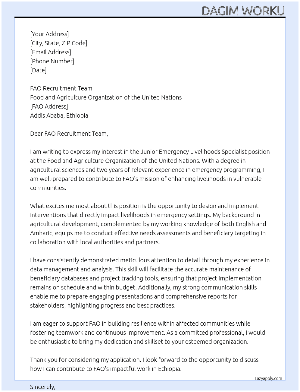 Cover letter for junior emergency livelihoods specialist - LazyApply