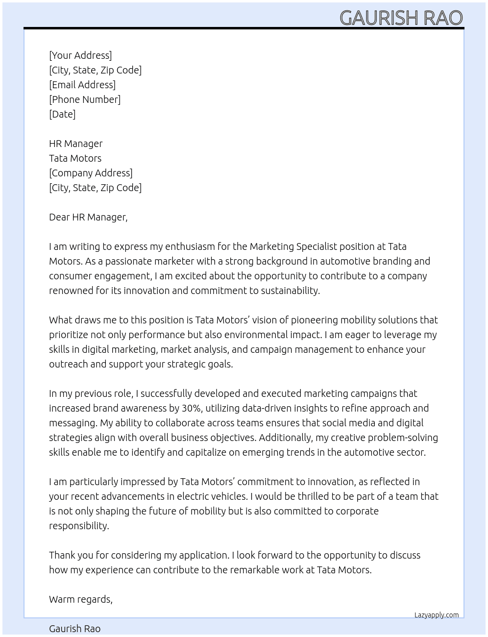 Marketing specialist At Tata Motors Cover Letter