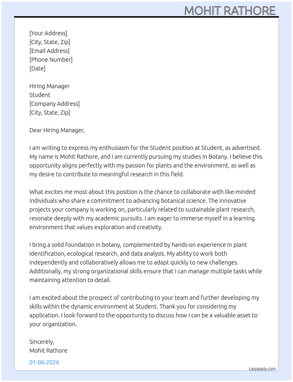 Students  At Student Cover Letter