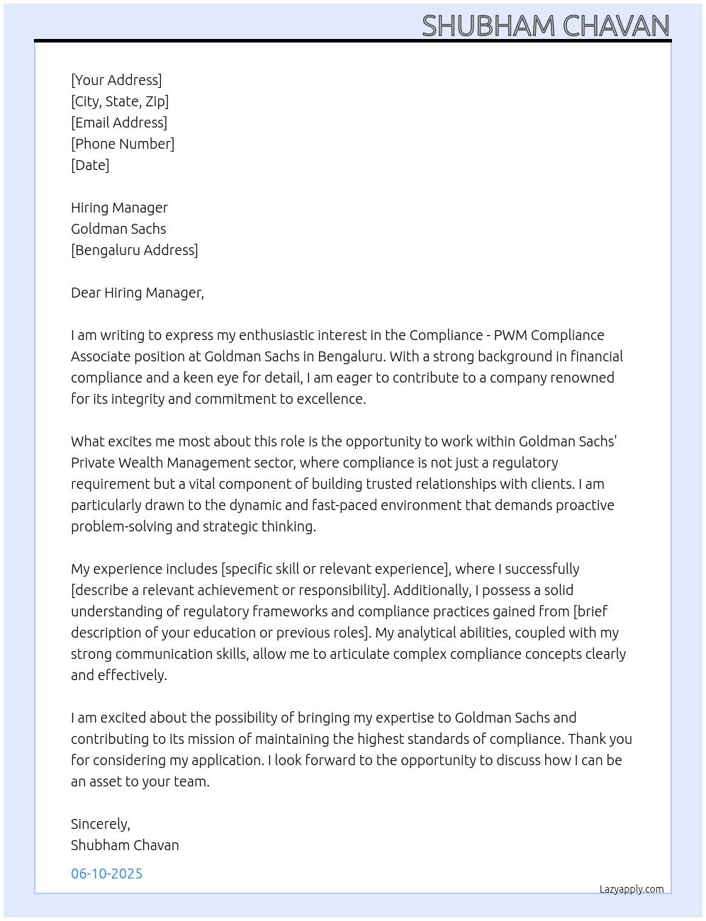 Cover letter for compliance - pwm compliance - bengaluru - associate - LazyApply