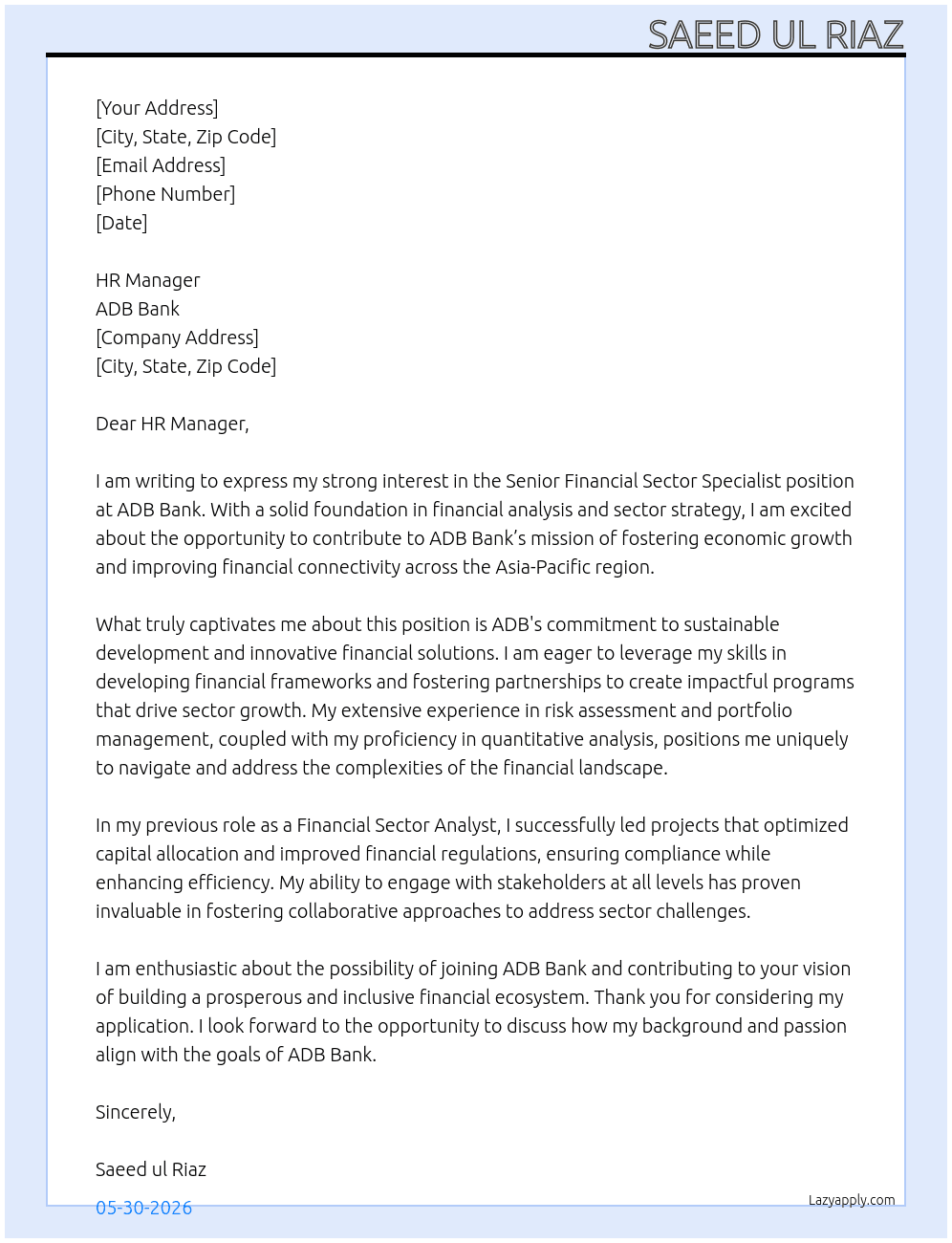 Senior Financial Sector Specialist At ADB Bank Cover Letter
