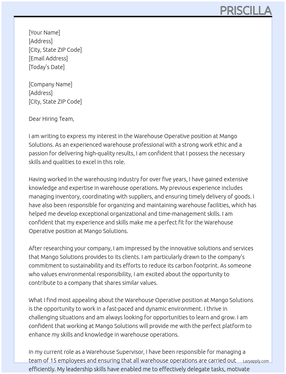 Warehouse Operative At Mango Solutions Cover Letter