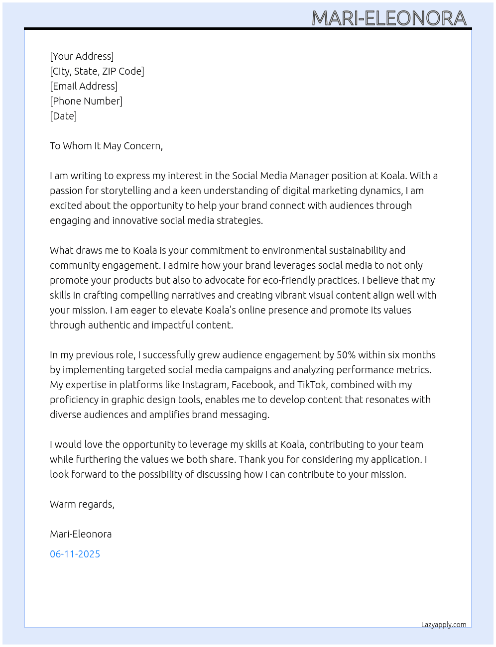 social media manager At Koala Cover Letter