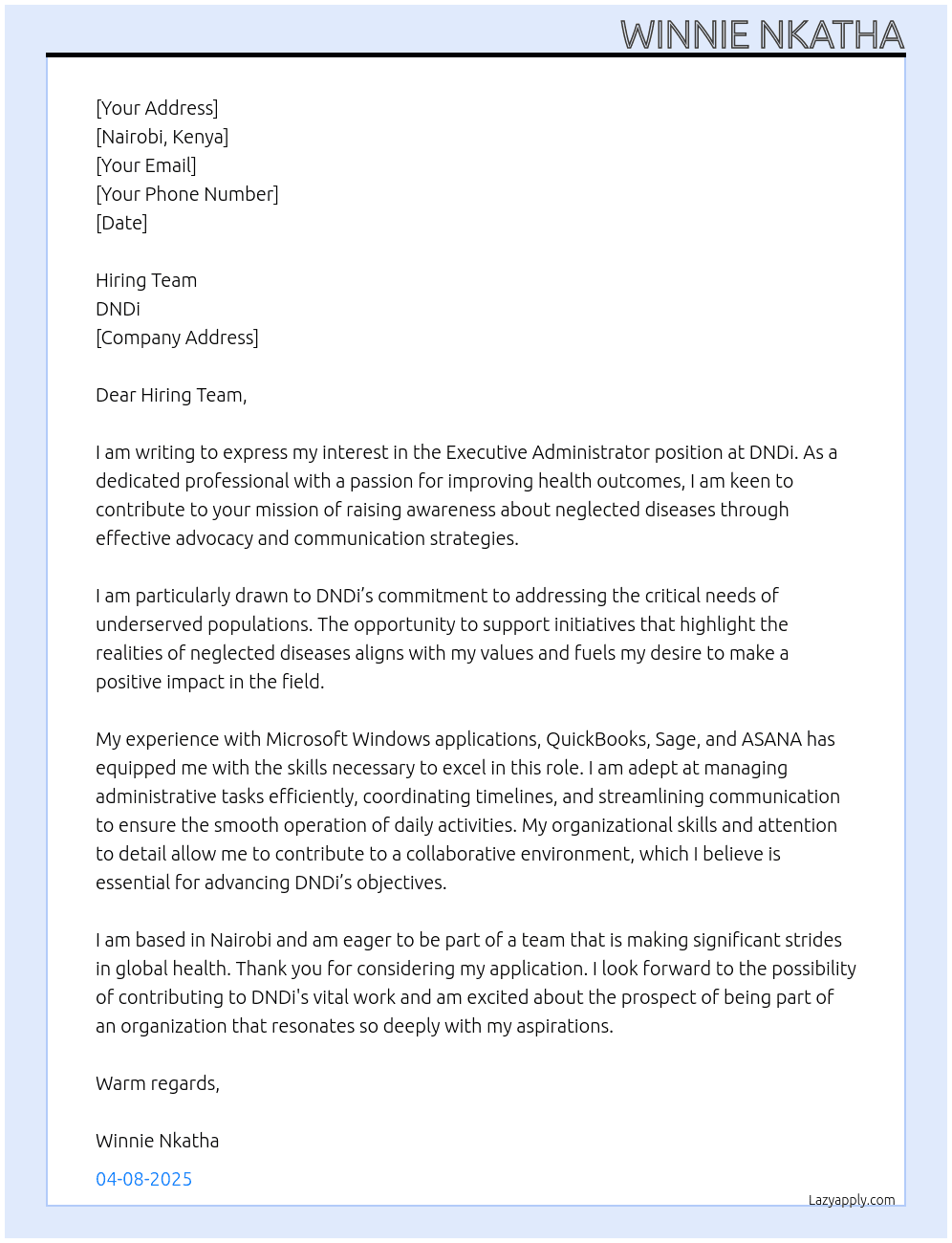 Executive administrator  At DNDi Cover Letter