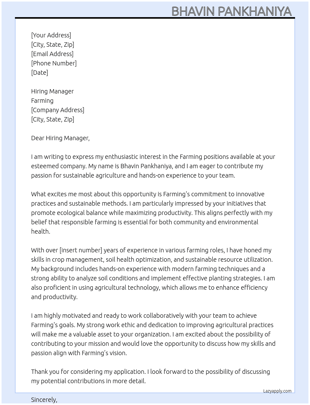 Farming works  At Farming  Cover Letter