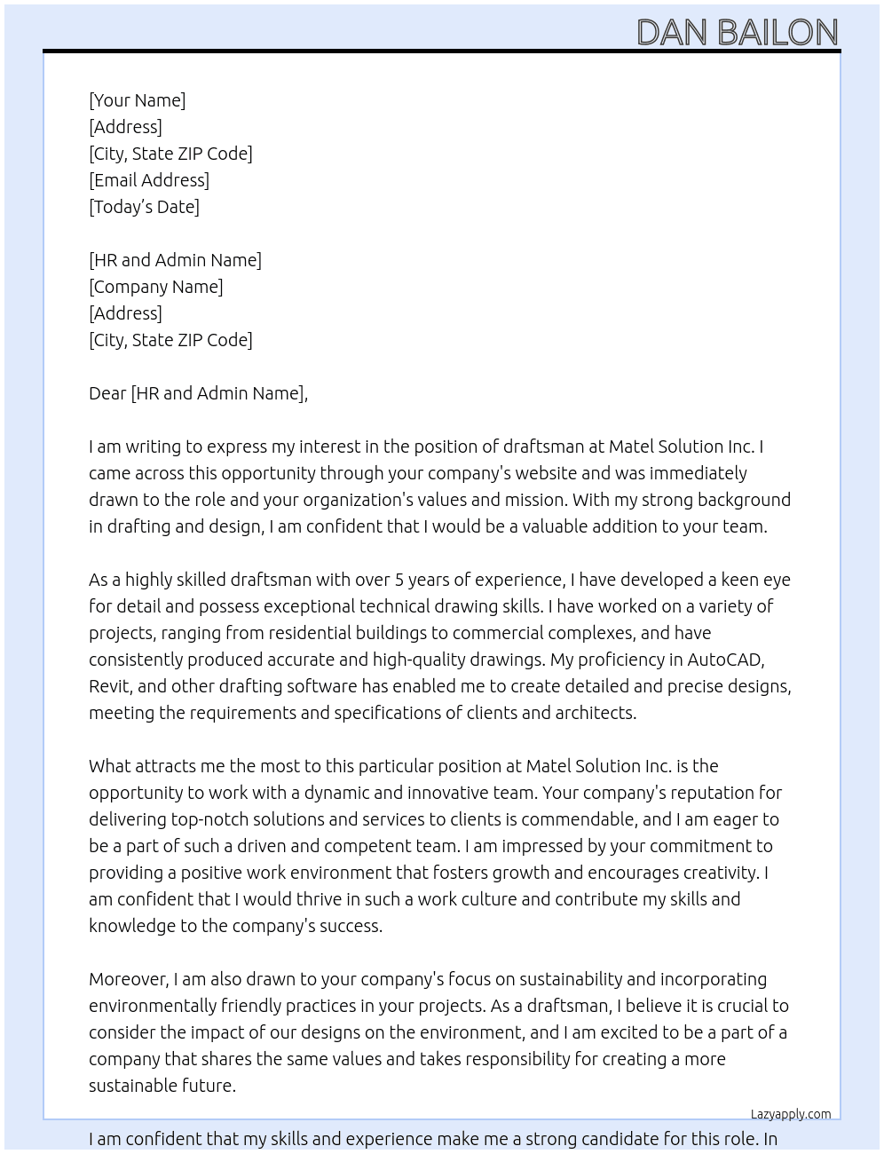 draftsman At matel solution inc Cover Letter