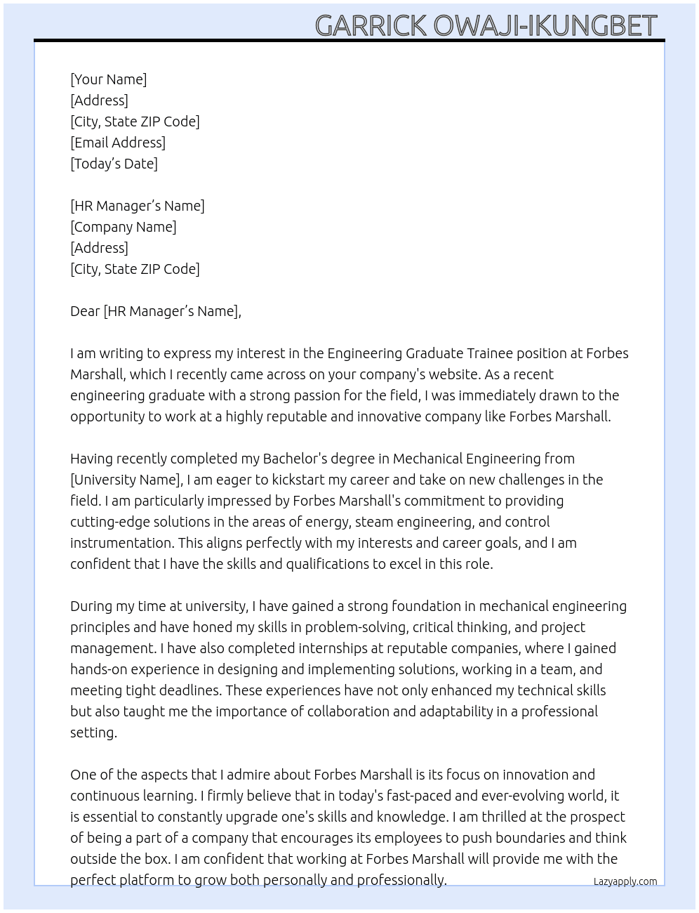 Engineering Graduate trainee  At Forbes Marshall  Cover Letter