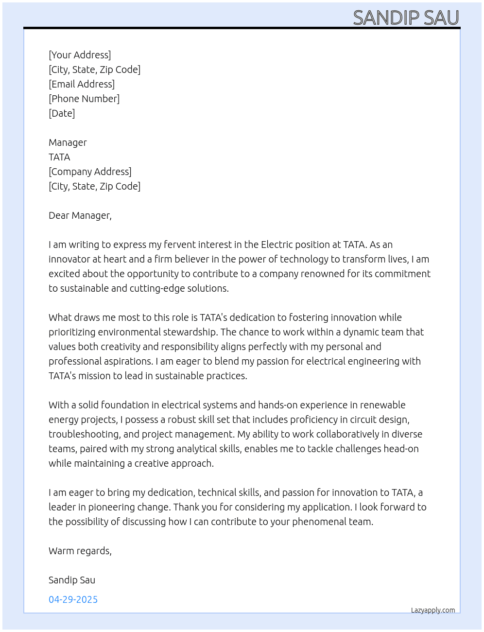 Cover letter for electric - LazyApply