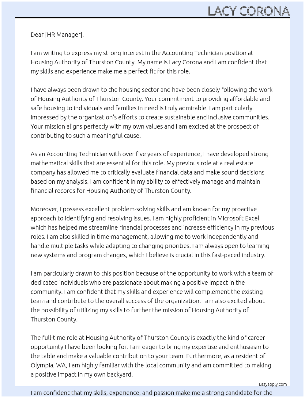 accounting technician At housing authority of thurston county Cover Letter