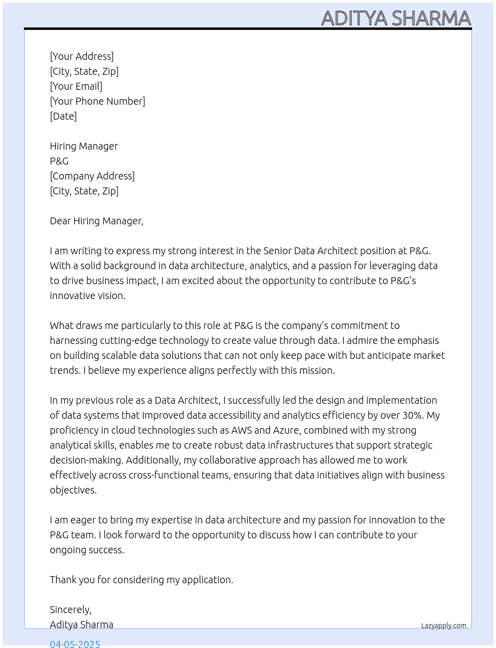 Senior Data Architect At P&G Cover Letter