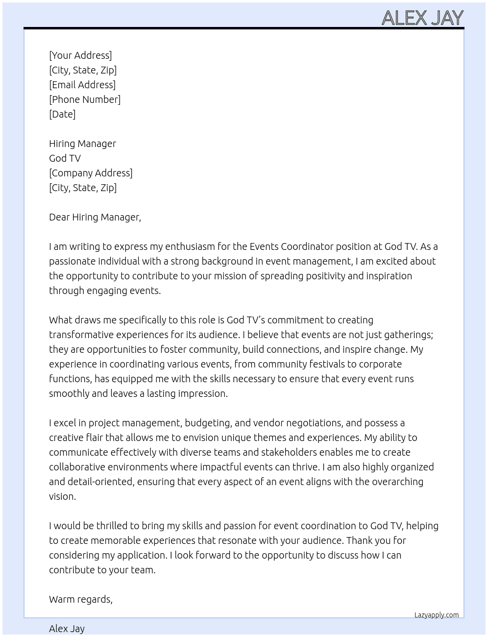 Events Co-ordinator At God Tv Cover Letter