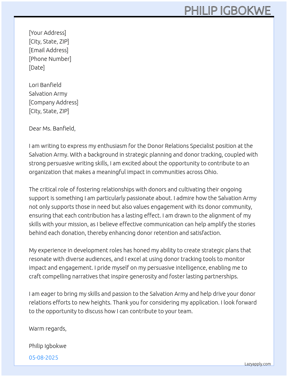 Donor Relations specialist  At Salvation army  Cover Letter