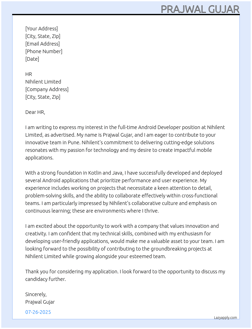 Android developer At Nihilent Limited Cover Letter