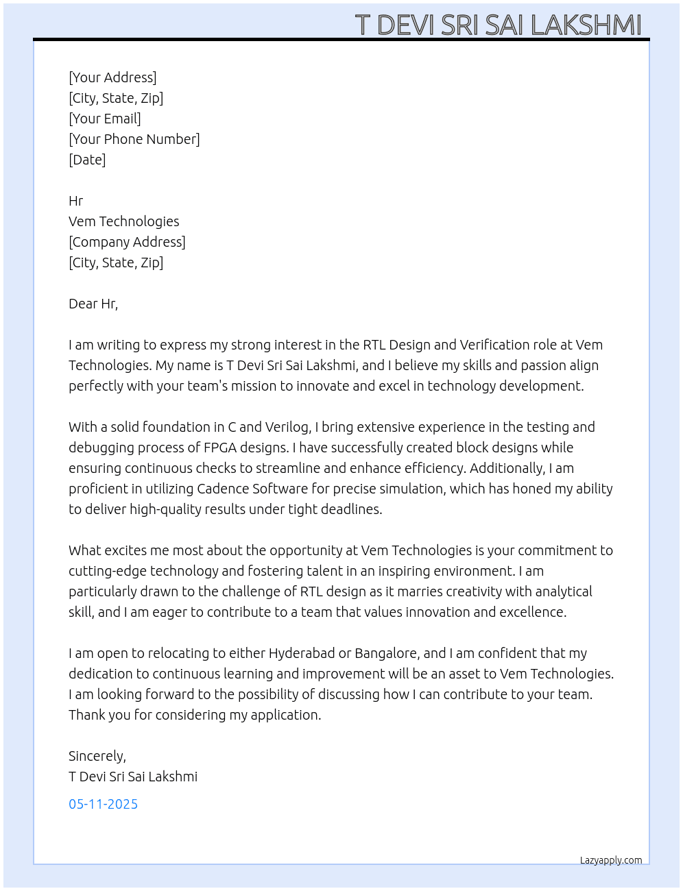 Rtl designing  At Vem Technologies  Cover Letter