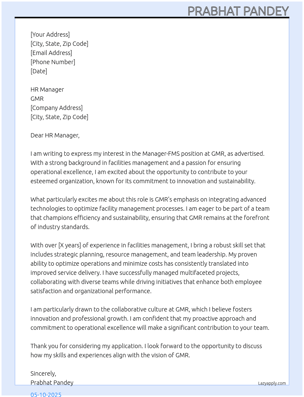 Manager-FMS At GMR Cover Letter