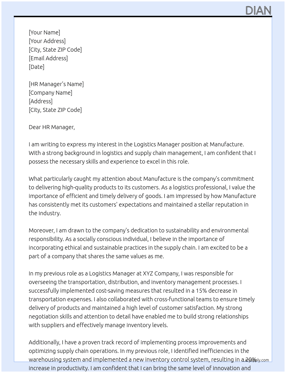 Logitics Manager At Manufacture Cover Letter