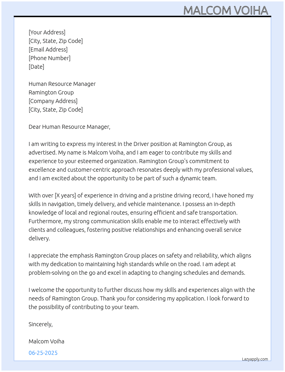 Driver position  At Ramington group Cover Letter