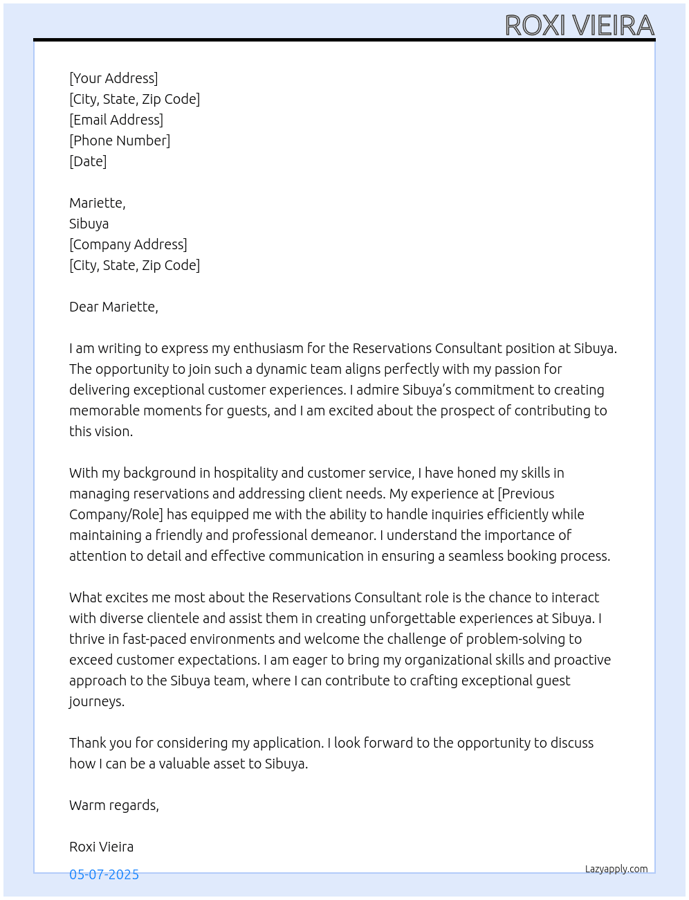 Cover letter for reservations consultant - LazyApply