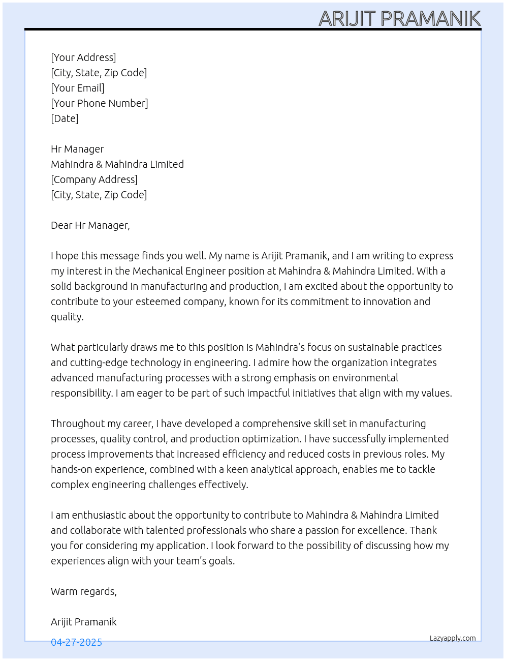 Mechanical Engineer At Mahindra & Mahindra Limited Cover Letter