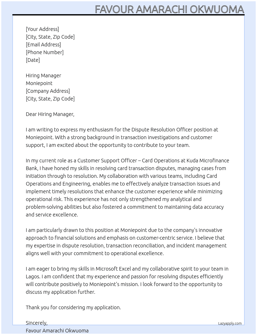 Cover letter for dispute resolution officer - LazyApply